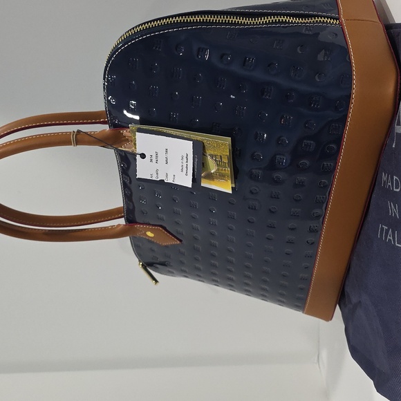 NWT ✅ ARCADIA Top Handles Patent Leather Dome Satchel BLUE / TAN +Dust Bag & COA - Picture 13 of 13